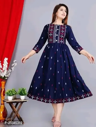 Elegant Flared Blue Embroidered Viscose Rayon Kurta For Women-thumb0