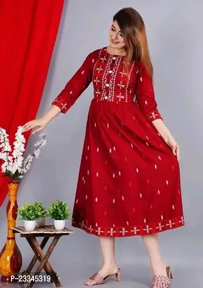 Elegant Flared Red Embroidered Viscose Rayon Kurta For Women-thumb4