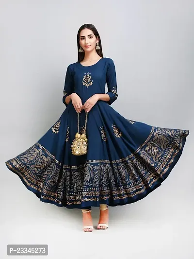 Elegant Anarkali Blue Printed Viscose Rayon Kurta For Women-thumb0