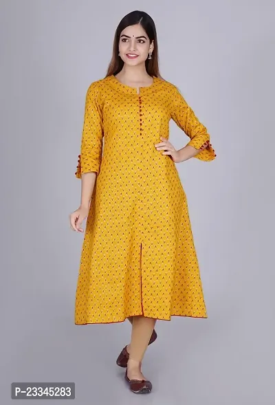 Elegant Frontslit Mustard Printed Cotton Kurta For Women