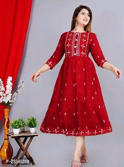 Elegant Flared Red Embroidered Viscose Rayon Kurta For Women