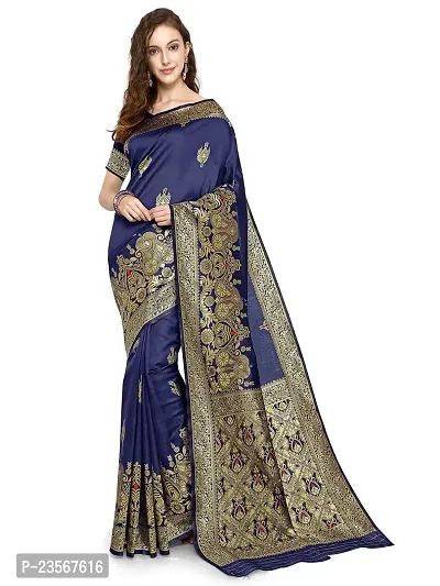 AIKSS Women's Banarasi Silk Blend Saree (Navy Blue)