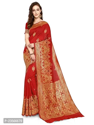 AIKSS Women's Banarasi Silk Blend Saree (Red)