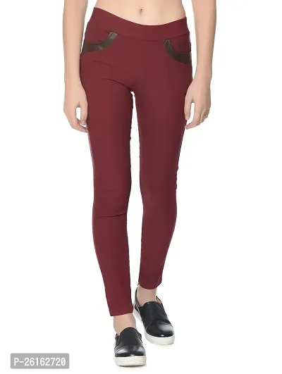 Stylish Maroon Cotton Blend Solid Jeggings For Women-thumb0