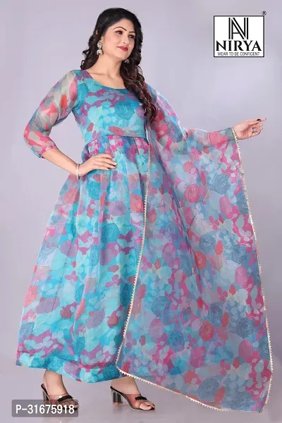 Stylish Blue organza  Printed kurta Printed Stitched  With Dupatta Foe Women-thumb0