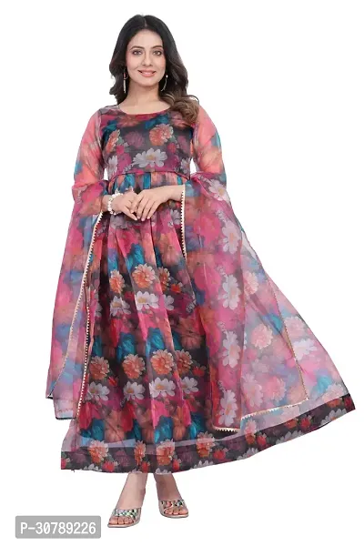 Stylish organza  Floral Print Anarkali Kurta With Dupatta Set For Women-thumb0