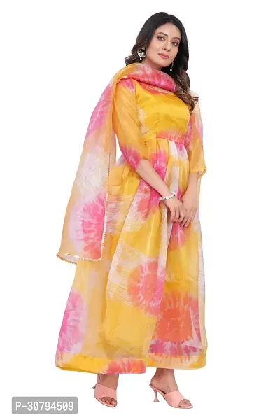 Stylish Yellow organza  Printed Kurta With Dupatta For Women