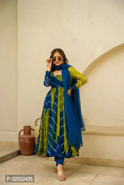 Stylish Green Georgette Kurta With Dupatta For Women-thumb0