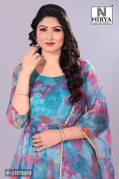 Stylish Blue organza  Printed kurta Printed Stitched  With Dupatta Foe Women-thumb2