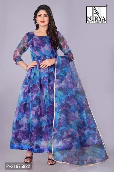 Stylish Blue organza  Printed kurta Printed Stitched With Dupatta Foe Women