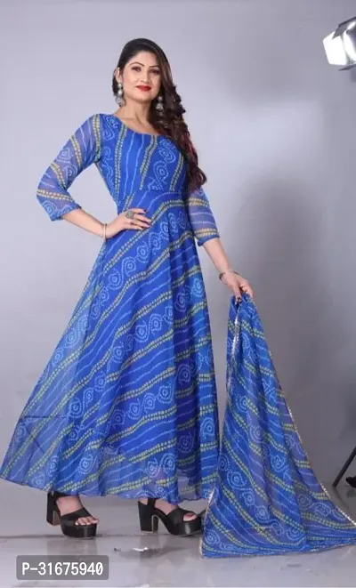 Stylish Blue Georgette Printed kurta Printed Stitched Ethnic Kurta With Dupatta Foe Women