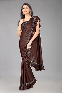 CORBITAL Women's Lycra Blend Readymate Saree with Sequin Border and Unstitched Blouse Piece (Ruffle Border Saree_Brown)-thumb3