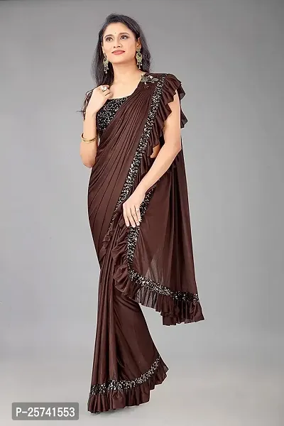 CORBITAL Women's Lycra Blend Readymate Saree with Sequin Border and Unstitched Blouse Piece (Ruffle Border Saree_Brown)-thumb4