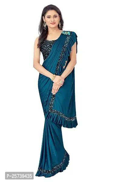 CORBITAL Women's Lycra Ruffled Trending Ready to Wear Saree festive season party design Sequence Lace Border saree with Blouse Piece (Teal Blue)