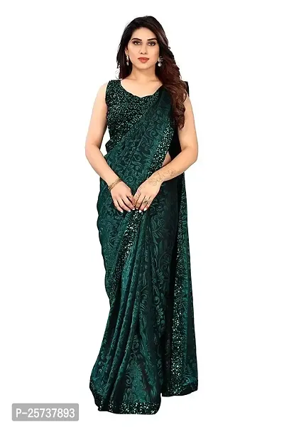 CORBITAL Women's Stylish Lycra Blend Saree With Un-stitched Sequence Blouse Piece (Green)-thumb0