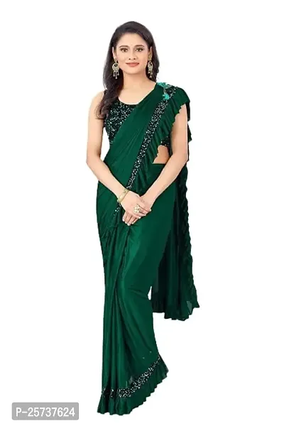 CORBITAL Women's Lycra Ruffled Trending Ready to Wear Saree festive season party design Sequence Lace Border saree with Blouse Piece (Green)