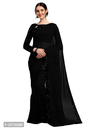 CORBITAL Women's Soft Georgette Plain Saree With Sequence Border And Sequence Unstiched Blouse Piece (Black)