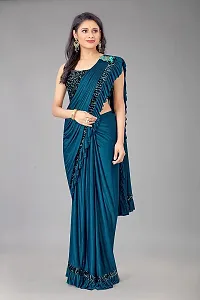 CORBITAL Women's Lycra Ruffled Trending Ready to Wear Saree festive season party design Sequence Lace Border saree with Blouse Piece (Teal Blue)-thumb2