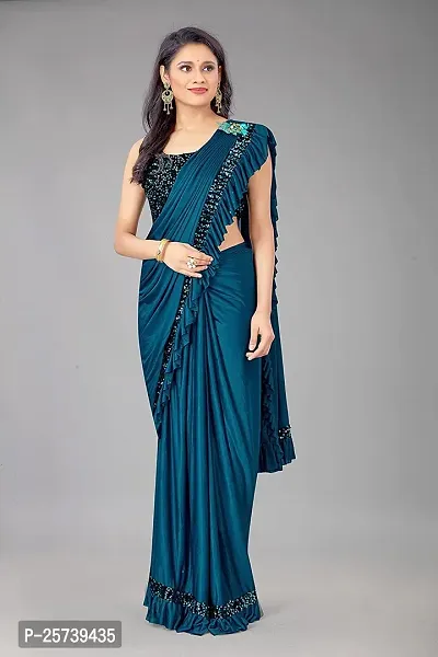 CORBITAL Women's Lycra Ruffled Trending Ready to Wear Saree festive season party design Sequence Lace Border saree with Blouse Piece (Teal Blue)-thumb3