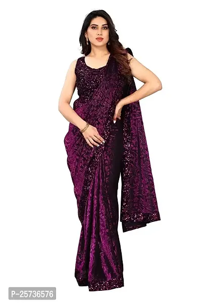 CORBITAL Women's Stylish Lycra Blend Saree With Un-stitched Sequence Blouse Piece (Purple)-thumb4