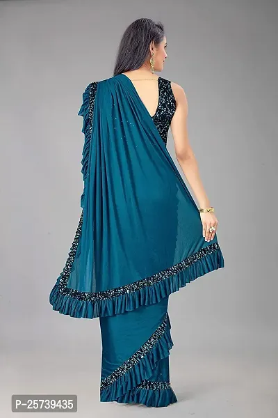 CORBITAL Women's Lycra Ruffled Trending Ready to Wear Saree festive season party design Sequence Lace Border saree with Blouse Piece (Teal Blue)-thumb5