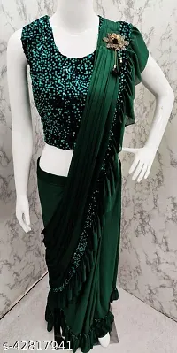 CORBITAL Women's Lycra Ruffled Trending Ready to Wear Saree festive season party design Sequence Lace Border saree with Blouse Piece (Green)-thumb2