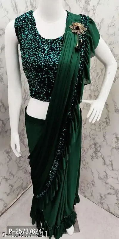 CORBITAL Women's Lycra Ruffled Trending Ready to Wear Saree festive season party design Sequence Lace Border saree with Blouse Piece (Green)-thumb3