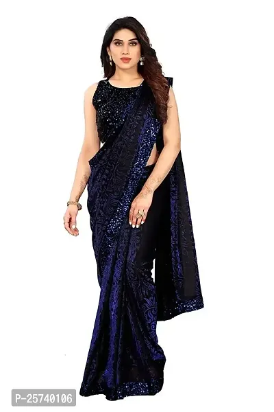 CORBITAL Women's Stylish Lycra Blend Saree With Un-stitched Sequence Blouse Piece (Blue)