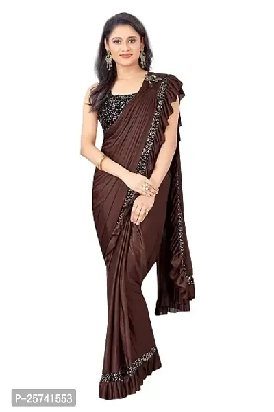 CORBITAL Women's Lycra Blend Readymate Saree with Sequin Border and Unstitched Blouse Piece (Ruffle Border Saree_Brown)-thumb0