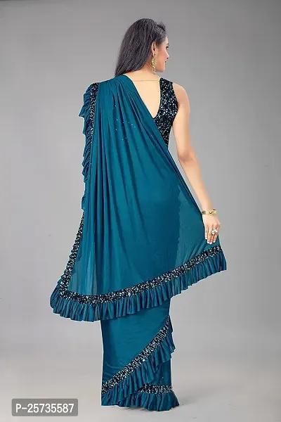 CORBITAL Women's Lycra Blend Readymate Saree with Sequin Border and Unstitched Blouse Piece (Ruffle Border Saree_Teal Blue)-thumb5