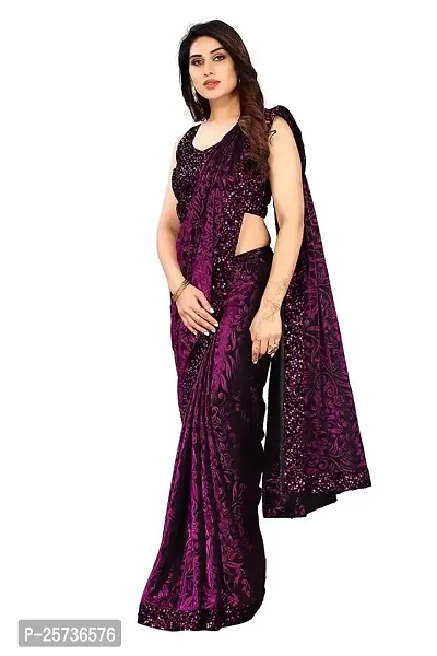 CORBITAL Women's Stylish Lycra Blend Saree With Un-stitched Sequence Blouse Piece (Purple)-thumb2