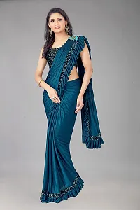 CORBITAL Women's Lycra Blend Readymate Saree with Sequin Border and Unstitched Blouse Piece (Ruffle Border Saree_Teal Blue)-thumb3