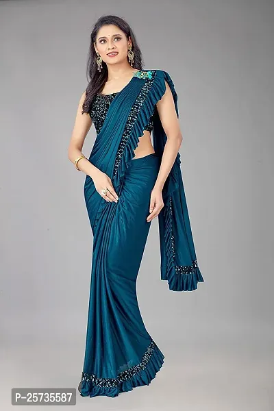 CORBITAL Women's Lycra Blend Readymate Saree with Sequin Border and Unstitched Blouse Piece (Ruffle Border Saree_Teal Blue)-thumb4