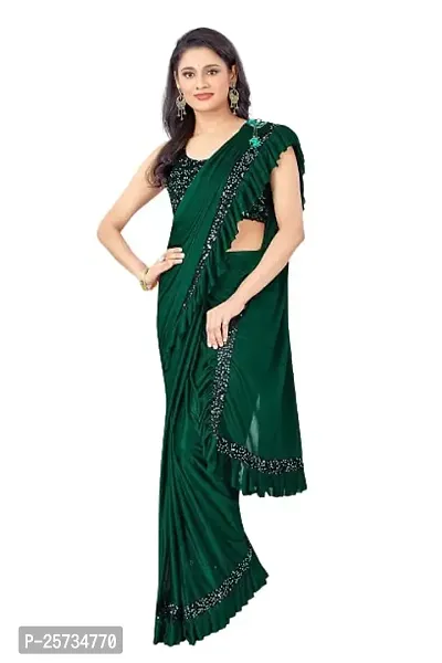 CORBITAL Women's Lycra Blend Readymate Saree with Sequin Border and Unstitched Blouse Piece (Ruffle Border Saree_Green)-thumb0