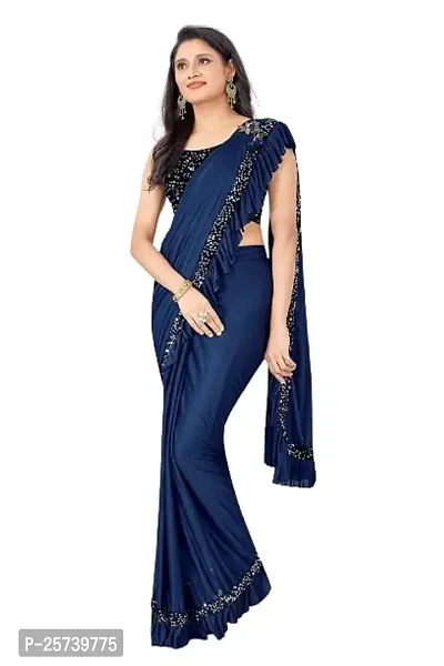 CORBITAL Women's Lycra Ruffled Trending Ready to Wear Saree festive season party design Sequence Lace Border saree with Blouse Piece (Navy Blue)