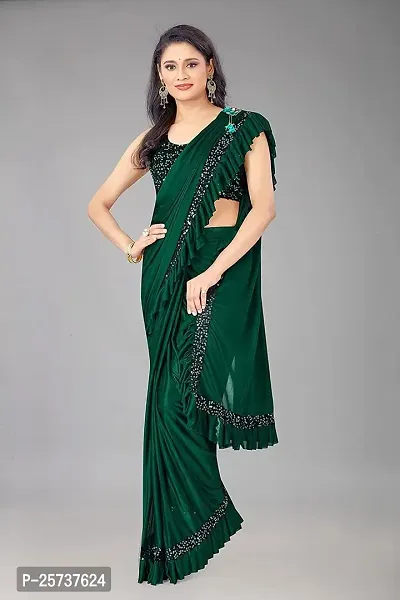 CORBITAL Women's Lycra Ruffled Trending Ready to Wear Saree festive season party design Sequence Lace Border saree with Blouse Piece (Green)-thumb2