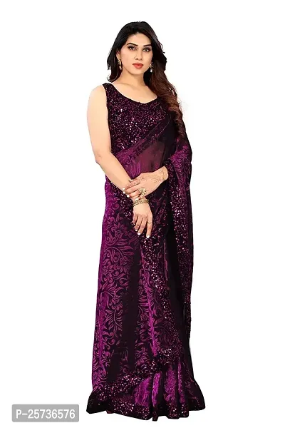 CORBITAL Women's Stylish Lycra Blend Saree With Un-stitched Sequence Blouse Piece (Purple)