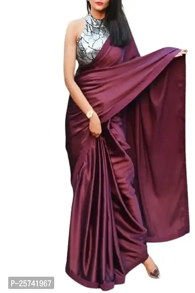 CORBITAL Women's Lycra Blend Solid Contrast Lace Border Sari with Blouse Saree Summer Wedding Light Weight Saree (Lycra Saree_Wine)