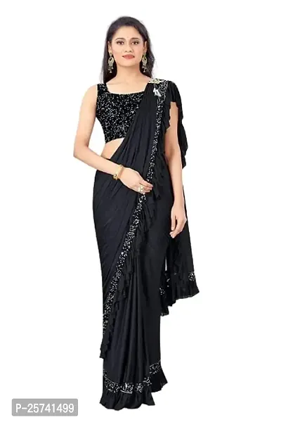 CORBITAL Women's Lycra Ruffled Trending Ready to Wear Saree festive season party design Sequence Lace Border saree with Blouse Piece (Black)