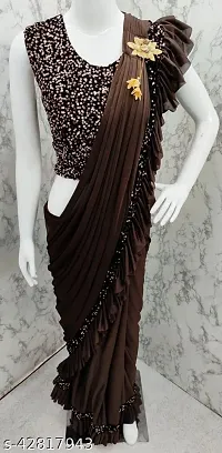 CORBITAL Women's Lycra Blend Readymate Saree with Sequin Border and Unstitched Blouse Piece (Ruffle Border Saree_Brown)-thumb4