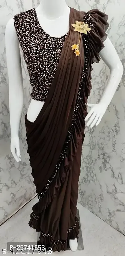 CORBITAL Women's Lycra Blend Readymate Saree with Sequin Border and Unstitched Blouse Piece (Ruffle Border Saree_Brown)-thumb5