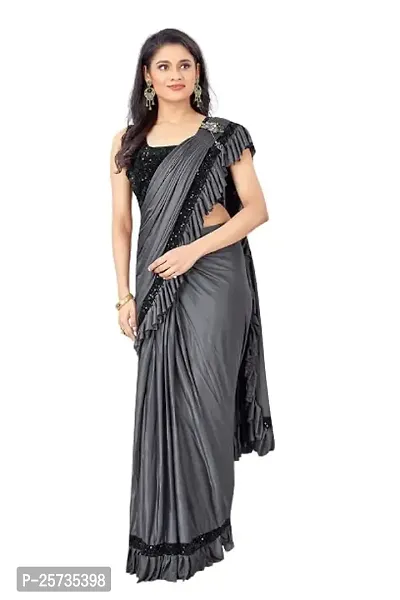 CORBITAL Women's Lycra Ruffled Trending Ready to Wear Saree festive season party design Sequence Lace Border saree with Blouse Piece (Grey)