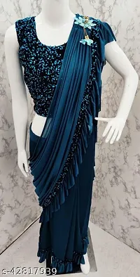 CORBITAL Women's Lycra Ruffled Trending Ready to Wear Saree festive season party design Sequence Lace Border saree with Blouse Piece (Teal Blue)-thumb3