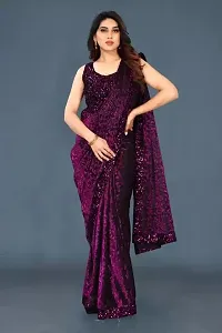 CORBITAL Women's Stylish Lycra Blend Saree With Un-stitched Sequence Blouse Piece (Purple)-thumb2