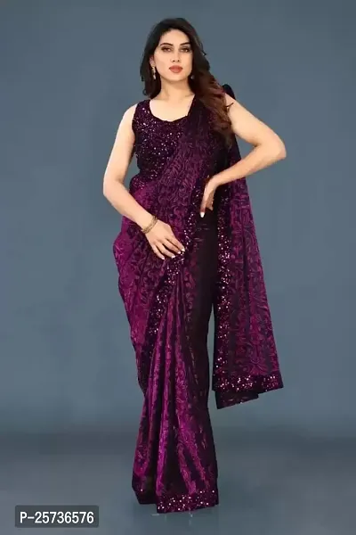 CORBITAL Women's Stylish Lycra Blend Saree With Un-stitched Sequence Blouse Piece (Purple)-thumb3