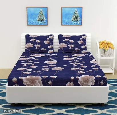 VARLEE Premium Cotton King Size Elastic Fitted Bedsheet with 2 Pillow Covers (Blue Flower)-thumb2