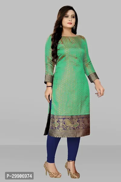 Stylish Green Banarasi Silk Latest Woven Designed Stitched Kurti For Women-thumb0