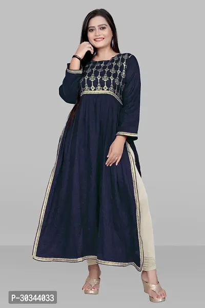 Beautiful Cotton Silk Blue Embroidered Kurta For Women