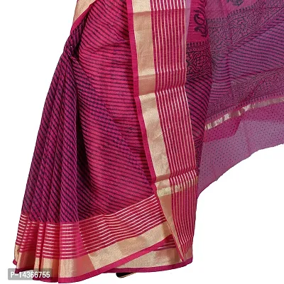 saree Women's Kota Doria Cotton Silk Hand Block Printed With Blouse Piece Pink(DT37 Free Size) Jari Border-thumb3