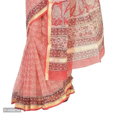 saree Women's KKota Doria Cotton Silk Hand Block Printed With Blouse Piece (DT-142 Cream) Jari Border-thumb3